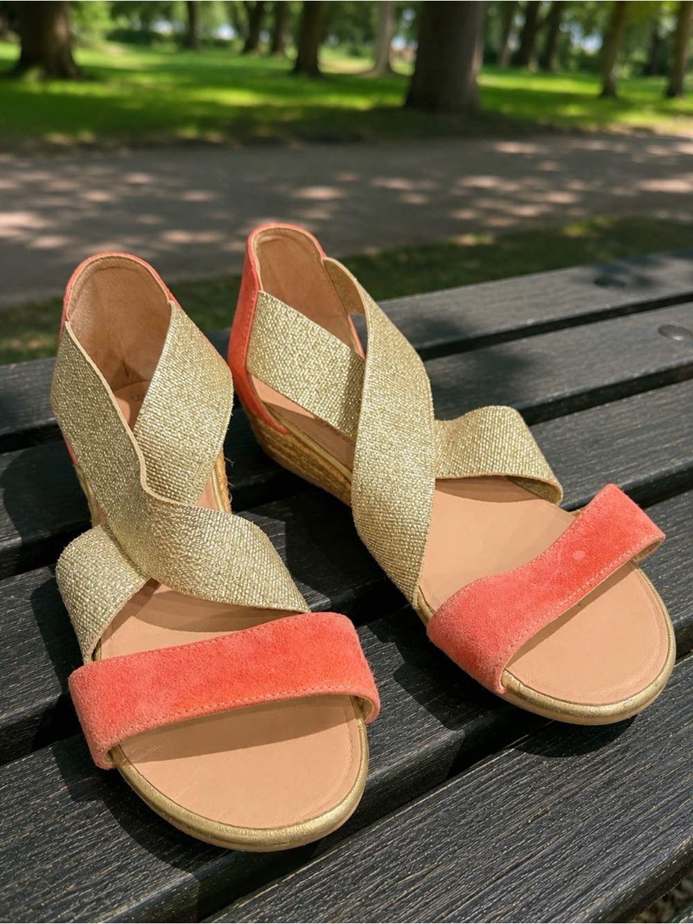 Eric Michael Gold and Coral Suede Wedge Sandals38/7.5-8 made in Spain